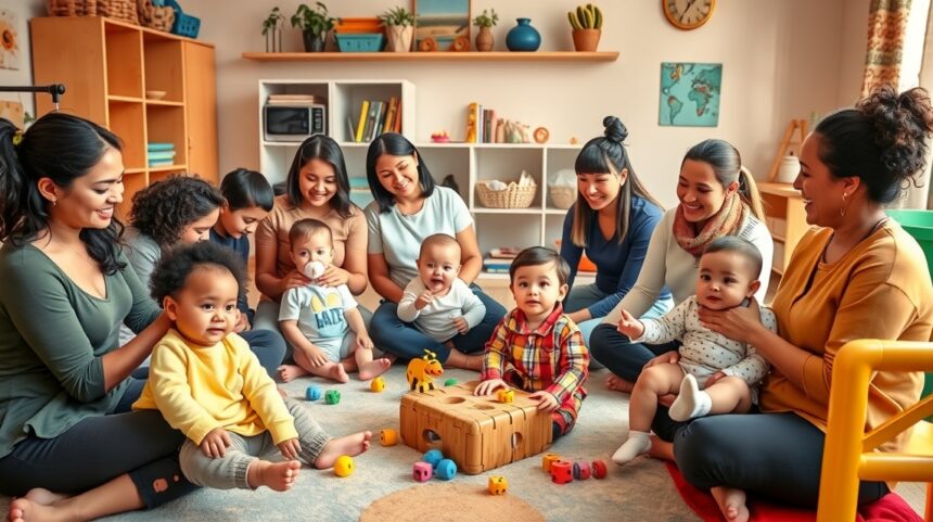 Baba-mama klub találkozó, anyák és babák közösen játszanak.