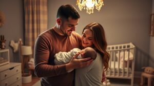 womensway 147 Fiatal pár örömmel tartja az újszülött gyermeküket a hálószobában.