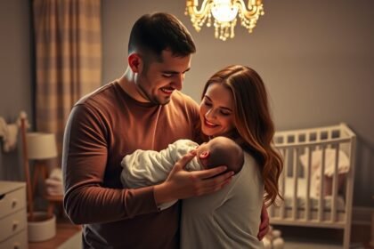 Fiatal pár örömmel tartja az újszülött gyermeküket a hálószobában.