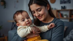 Mama tartja a babát, miközben vigasztalja őt láz esetén.
