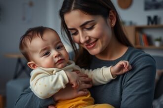 Mama tartja a babát, miközben vigasztalja őt láz esetén.