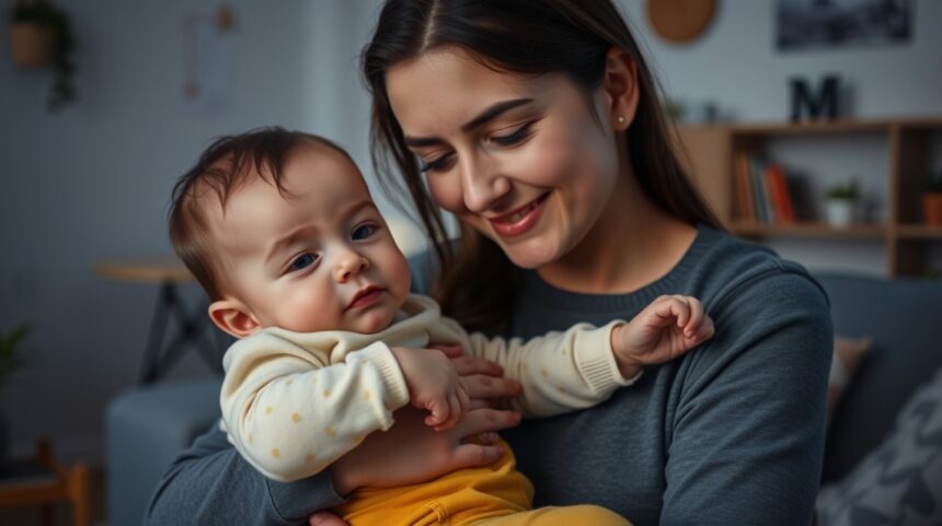 Mama tartja a babát, miközben vigasztalja őt láz esetén.