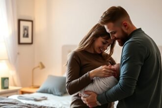 Fiatal pár együtt a gyermekükkel, intimitás és szeretet a szülés után.