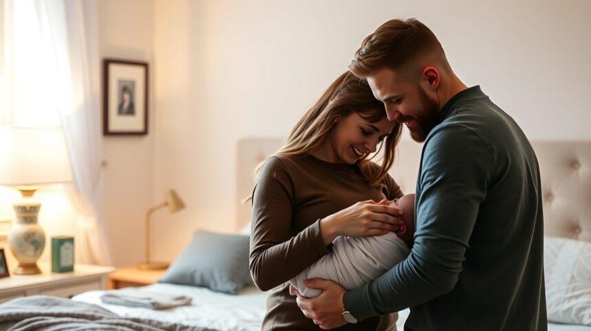 Intimitás újjáélesztése a párkapcsolatban a szülés után 1 Fiatal pár együtt a gyermekükkel, intimitás és szeretet a szülés után.