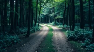 Egy kanyargós ösvény a sűrű erdőben, természetes környezet.