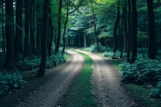 Egy kanyargós ösvény a sűrű erdőben, természetes környezet.