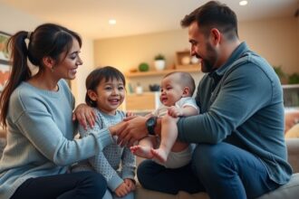 Boldog család gyermekgondozás közben bébiszitter kiválasztásáról.