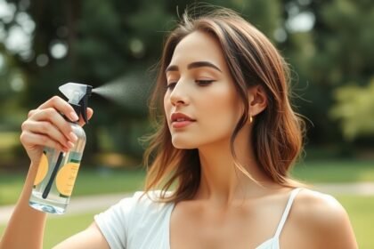 Fiatal nő arcpermetet használ a mindennapi frissességért.