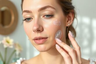 Nő bőrápolást végez, arcbőrén finom krémekkel.