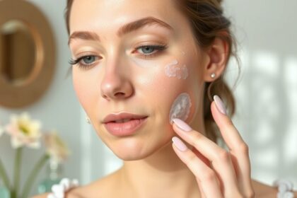 Nő bőrápolást végez, arcbőrén finom krémekkel.