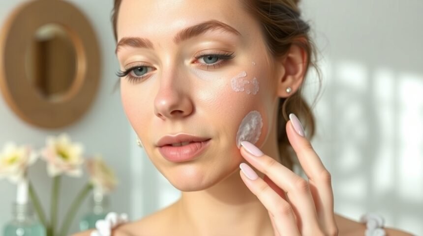 Nő bőrápolást végez, arcbőrén finom krémekkel.