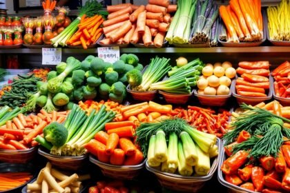 Friss zöldségek egy koreai piacon; tápláló és jótékony táplálék.