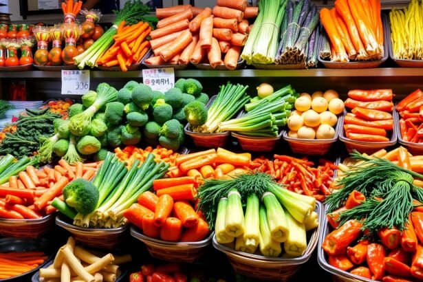 Friss zöldségek egy koreai piacon; tápláló és jótékony táplálék.