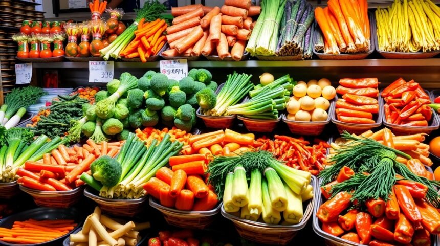 Friss zöldségek egy koreai piacon; tápláló és jótékony táplálék.