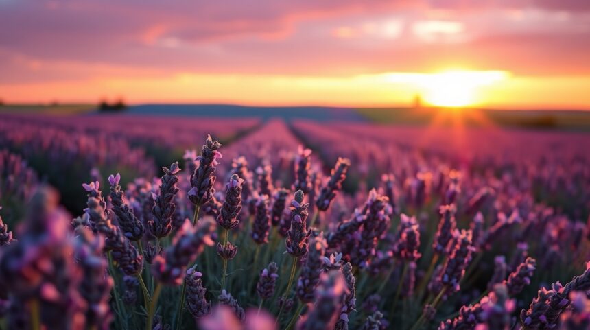 Levendulamező naplementében, a stressz és álmatlanság enyhítésére