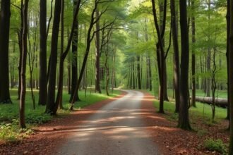 Zöld erdő egy kanyargós úttal, nyugalmat sugalló táj.