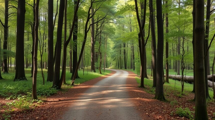 Zöld erdő egy kanyargós úttal, nyugalmat sugalló táj.