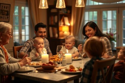 Családi vacsora, ahol babák és gyerekek is jelen vannak.