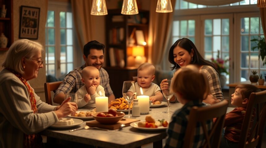 Családi vacsora babával: hogyan kezdjünk neki? 1 Családi vacsora, ahol babák és gyerekek is jelen vannak.
