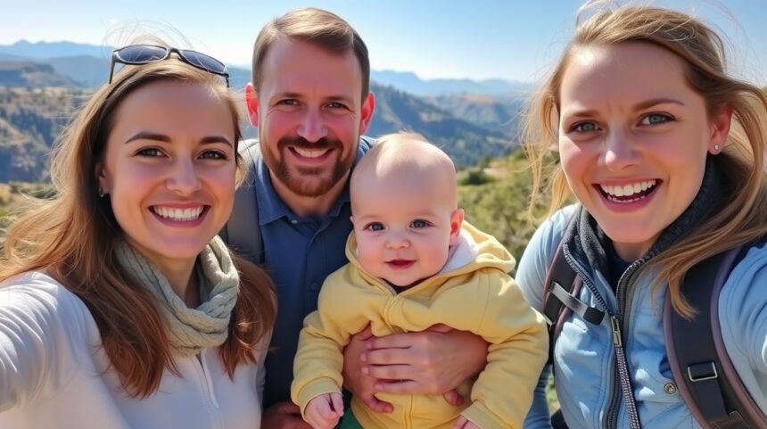 A baba első közös utazási élményei lépésről lépésre 1 Családi fénykép egy baba első utazásán a természetben.