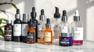 Bőrápoló szérumok különböző típusai, üvegekben elhelyezve