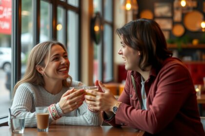 Boldog fiatal pár randevúzik egy kávézóban.