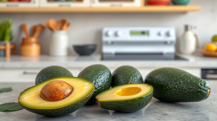 Friss avokádók egy konyhapulton, félig felvágva