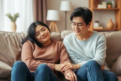 Pár kapcsolat mellett ülő boldog anya és apa, akik támogatják egymást.