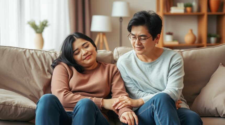 Anya kimerültsége és a párkapcsolat 1 Pár kapcsolat mellett ülő boldog anya és apa, akik támogatják egymást.