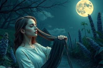 Nő hajvágás közben a holdfény alatt, misztikus táj