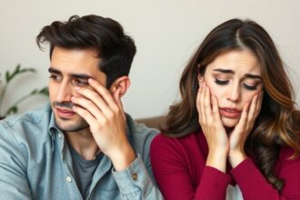 Párkapcsolati vitában lévő férfi és nő szomorú arccal.