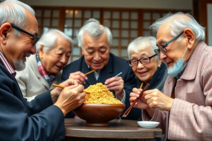 Japán idősek élvezik a natto-t egy étteremben