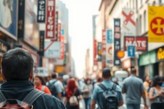 Férfi, aki a város forgalmas utcáján áll, érdekes reklámokkal körülvéve.