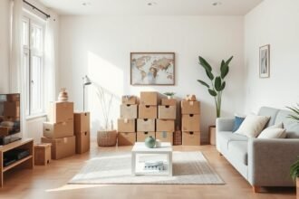 Tiszta és rendezett nappali dobozokkal a szakítás utáni költözéshez.