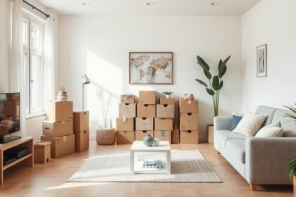 Tiszta és rendezett nappali dobozokkal a szakítás utáni költözéshez.