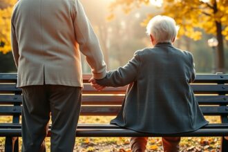 Időskorú pár kézen fogva az őszi parkban