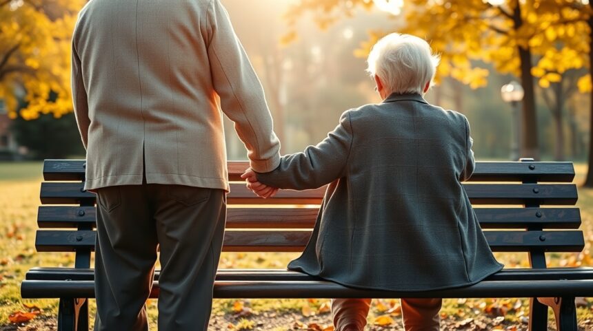 Időskorú pár kézen fogva az őszi parkban