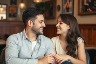 Fiatal pár boldogan beszélget egy kávézóban.