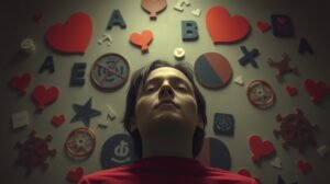 womensway 141 Egy fiatal nő néz felfelé, háttérben különböző szívek és szimbólumok.