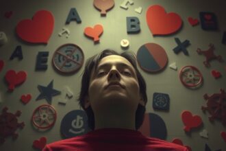 Egy fiatal nő néz felfelé, háttérben különböző szívek és szimbólumok.