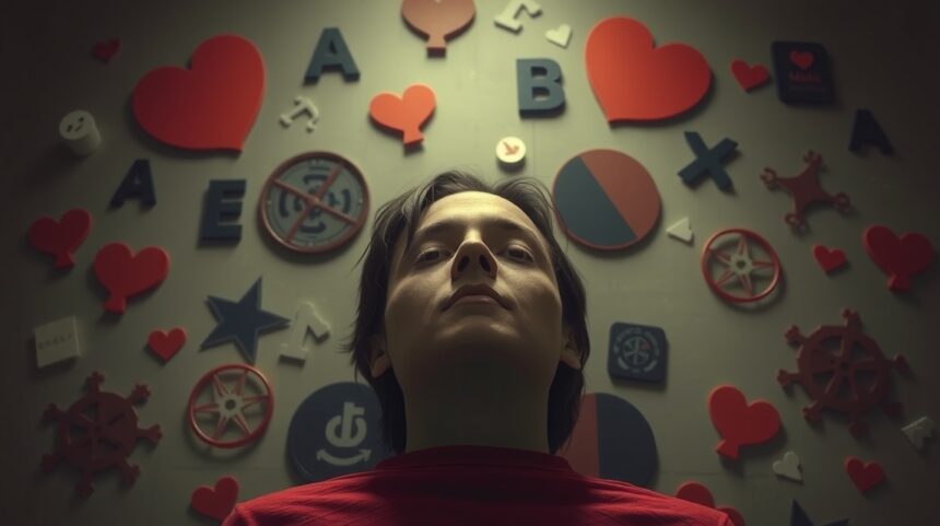 Azok, akik gyakran mérgező kapcsolatokban találják magukat, rendszerint ezt a 7 viselkedési mintát követik. 1 Egy fiatal nő néz felfelé, háttérben különböző szívek és szimbólumok.