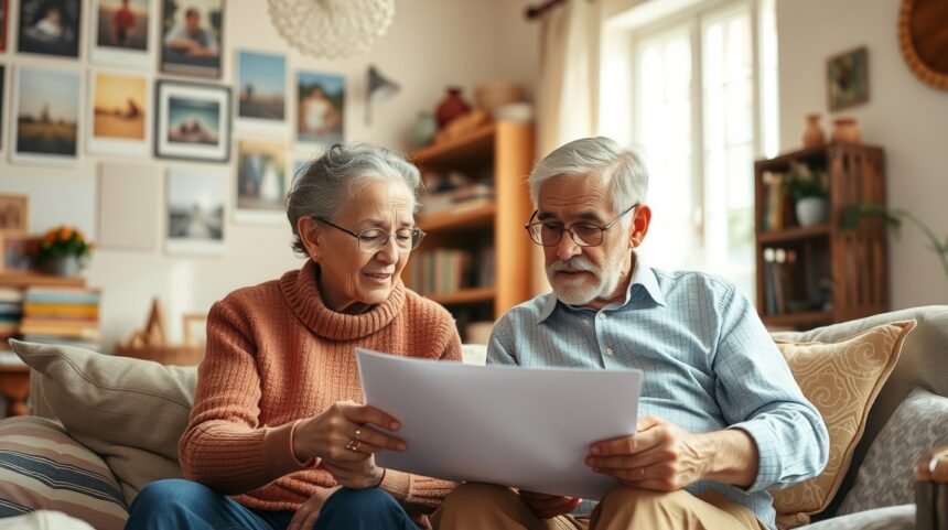 Idős pár örökség tervezéséről beszélget otthon.