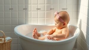 Baba fürdés a kádba habfürdővel, boldog pillanatban.