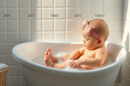 Baba fürdés a kádba habfürdővel, boldog pillanatban.