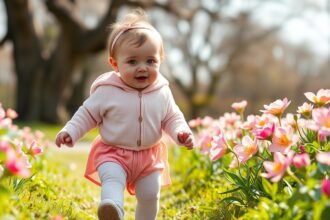 Baba tavaszi sétán virágok között