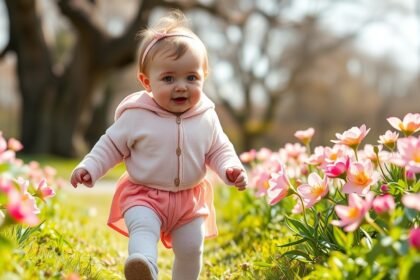 Baba tavaszi sétán virágok között