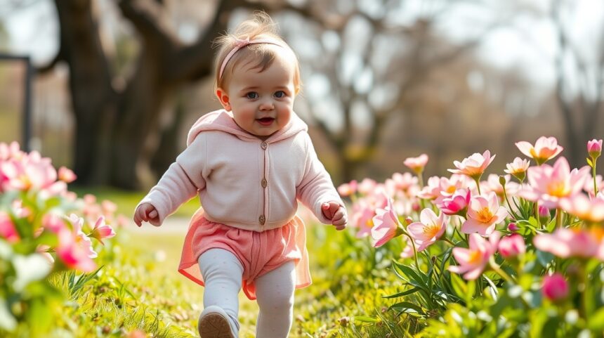 Baba első tavaszi sétája: öltözködési tanácsok 1 Baba tavaszi sétán virágok között