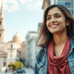 Boldog nő egyedül utazva a városban