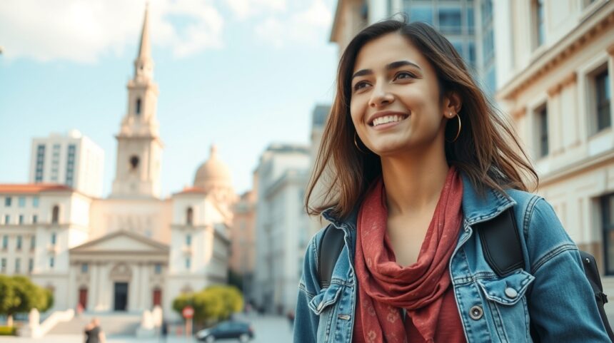 Boldog nő egyedül utazva a városban