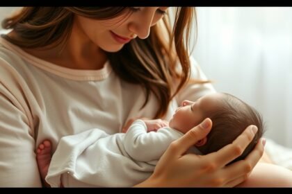 Egy édesanya simogatja újszülött babáját otthon.